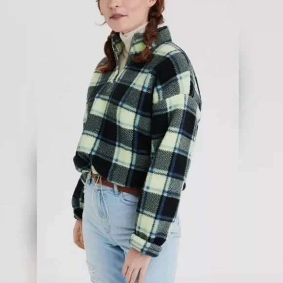🦋 American Eagle Blue Green Plaid Quarter Zip Teddy Sherpa Pullover Jacket 🦋 - Picture 2 of 6